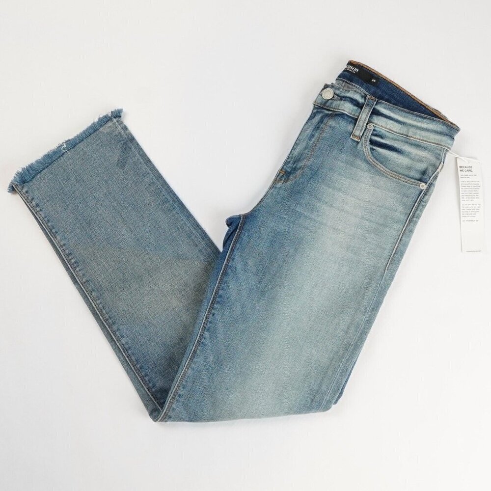 Hudson Mid Rise Light Wash Distressed Straight Leg Raw Hem Jeans - 26 - NWT